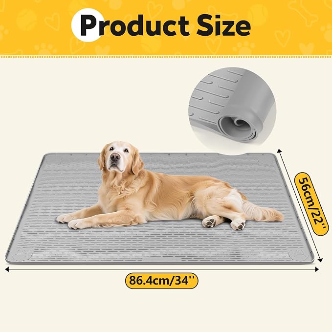 Silicone Dog Crate Mat 34"x 22" Under Dog Crate Kennel Pad Mat, Light Grey | Extra Large Dog Cage Mat, Non-Slip Waterproof Dog Playpen Mat, Reusable Washable Dog Mat for Crate, Protect Floors