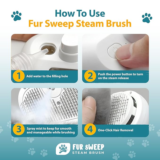 Fur Sweep Steam Brush For Dogs Comb for Grooming Cat Brush For Shedding, Self Cleaning Deshedding Tool, Anti Static Mist, Rechargeable, Slicker Comb for Long and Short Haired Pets, Gentle Fur Remover