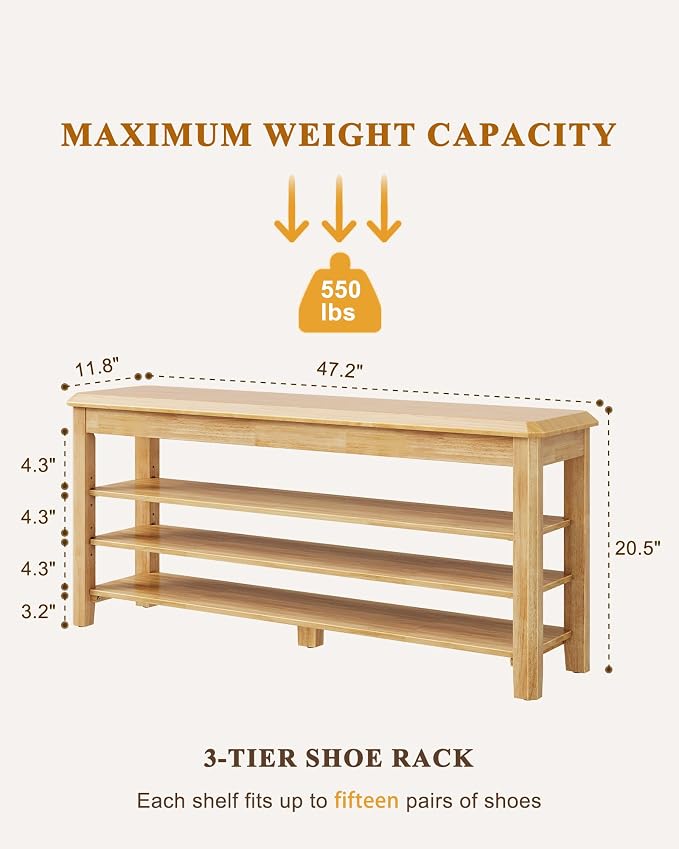 IUNVR Shoe Rack Bench Seat Rubberwood 3-Tier Wooden Storage Bench 550lbs Compact Mid-Century Modern Design for Entryway, Hallway, Closet, Front Door Entrance, Foyer
