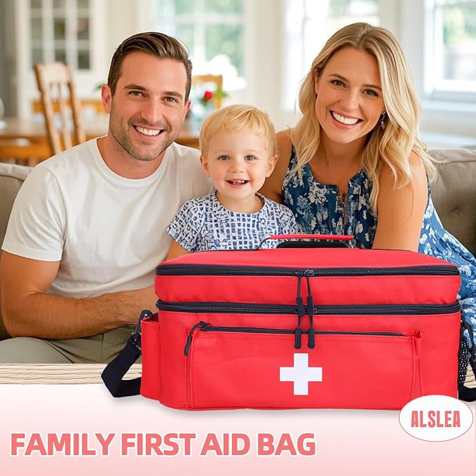 First Aid Bag Empty Large 2 Layer Medical Bag with Shoulder Strap 16”x 9½” x 7” Medicine Organizer Box Travel First Aid kit Emergency Supplies Storage Bag for Car, Home, Office, Outdoor (Red)