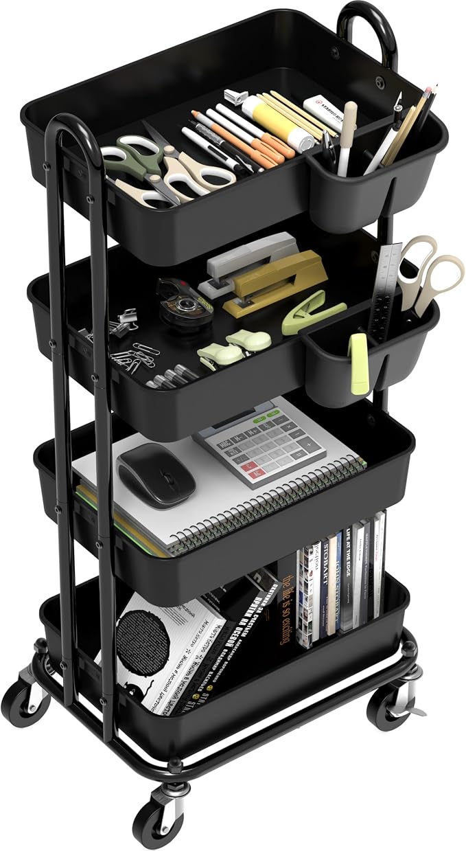Simple Houseware 4-Tier Rolling Utility Cart with Hanging Bucket, Black | Storage for Bathroom, Kitchen, Office, Study Room, Nursery Diaper