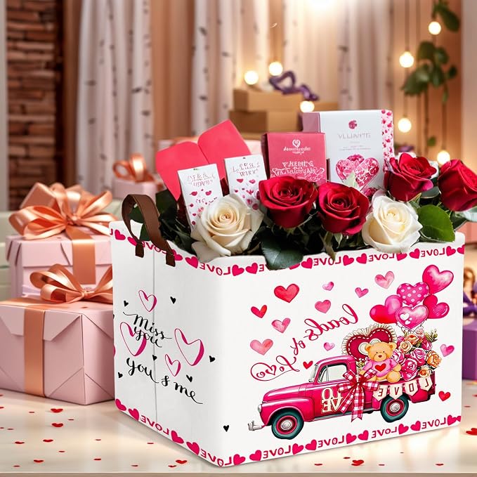 Cute Large Valentine's Day Gift Basket Empty Heart Decor Storage Bin for Kid Baby Room Décor (Rose Red Truck Bear)