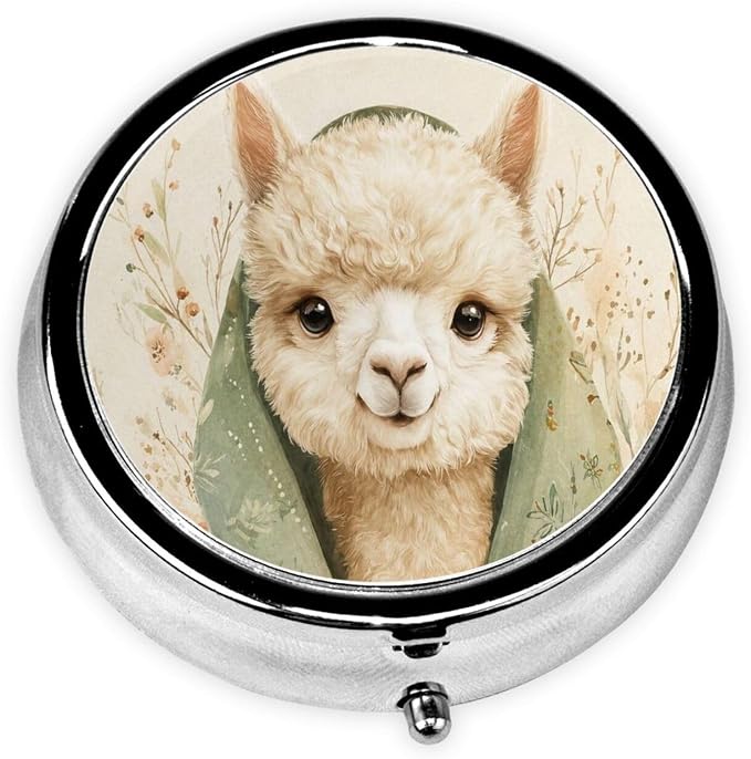Cute Alpaca Flower Beige Portable Pill Organizer | 3 Compartment, With Mirror, For Men Women, For Daily Supplements, Vitamins, Fish Oil, Jewelry, Candy, Travel