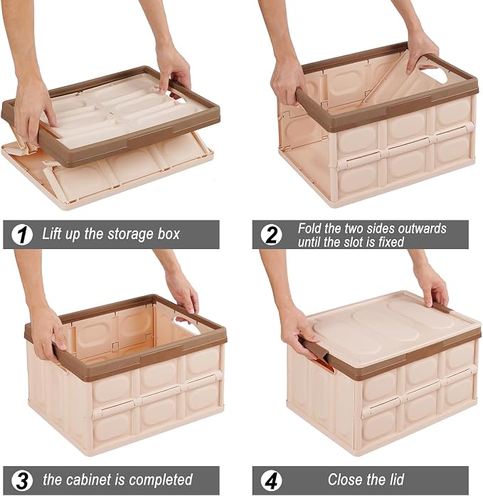 Phyllia Foldable Storage Boxes with Lids, 3-Pack Collapsible Plastic Storage Bins Organizer Containers Baskets Cub with Cover,Stackable Utility Crates Storage Box (Brown, 30L)