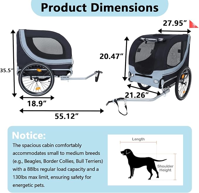Large Dog Bike Trailer with 18.9" Wheels - 120LB Capacity Dog Trailer for Bike, Foldable Pet Bike Trailer for All-Terrain Cycling, Jogging & Camping