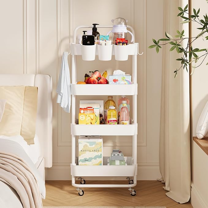 Buzowruil 4-Tier Rolling Utility Cart, Storage Cart with Handle Multi-Purpose and Locking Wheels,with Hanging Basket and Hook for Office, Kitchen, Bathroom,White