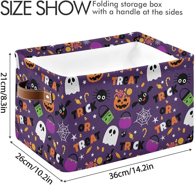 Happy Halloween Purple Storage Basket Fabric Kitchen Baskets Pumpkin Skull Ghost Bat Trick or Treat Open Home Storage Bins Boxes Foldable for Candy Toy Decorations Baskets 2 Pack 16×12×8 Inches