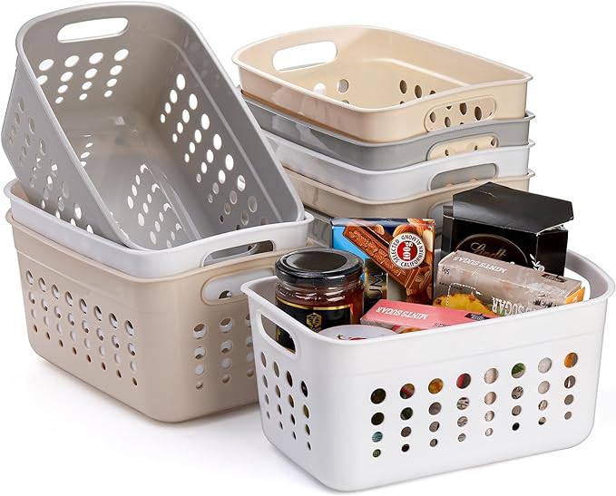 9 Pack Plastic Storage Basket, Small Pantry Organizer Basket Bins, Rectangular Storage Tray Baskets Container with Handle for Shelf, Household, Desktop (Beige, White, Gray)