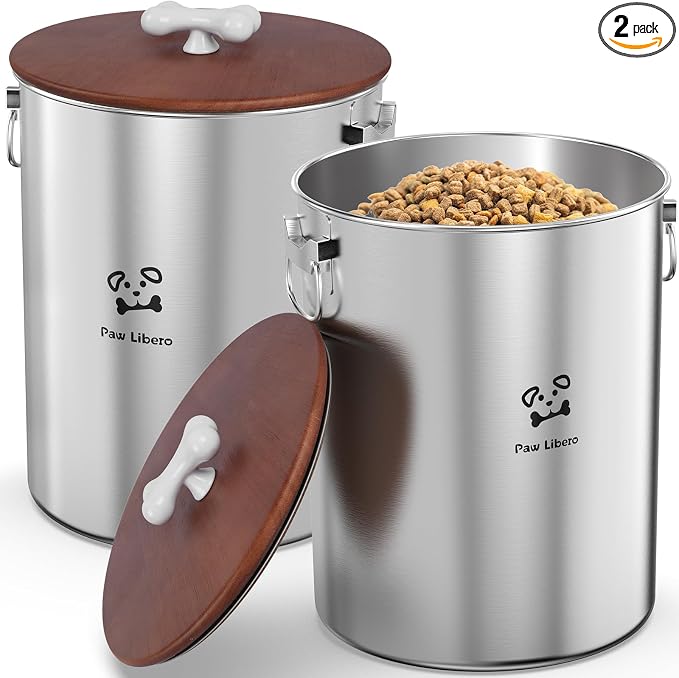 Paw Libero 2PK 25 Lbs total 50 Lbs Stainless Steel Dog Food Storage Container with Airtight Wooden Lid & Ceramic Bone Handle, Large Metal Dog Food Bin for Dogs & Cats