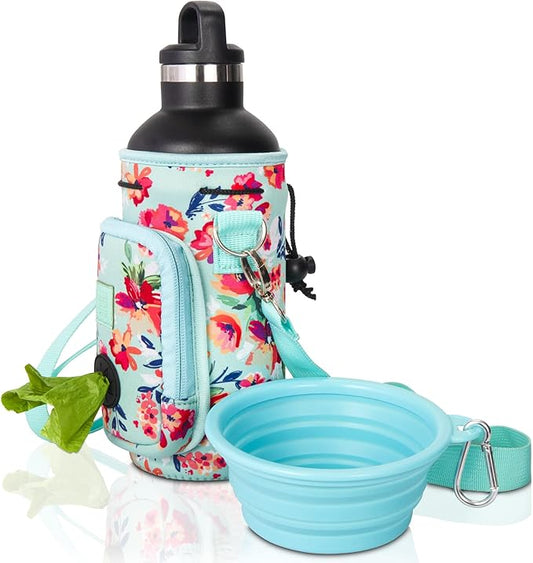 Made Easy Kit Water Bottle Carrier with Pocket for Dog Poop Waste Bags and Adjustable Padded Shoulder Strap (Large (32oz) with Bowl, Teal Floral)