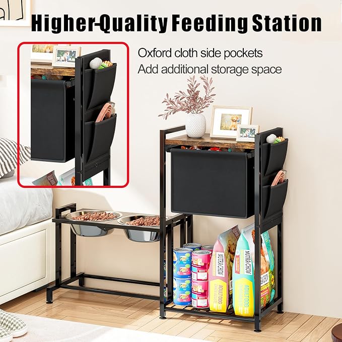 INGIORDAR Elevated Dog Bowls Stand Adjustable Raised Station Toy Bin Basket | Metal Pet Food Feeder Dish Station Non-Slip Dog Bowl Stand Stainless Steel Food Water Bowl for Medium Large Small Dogs