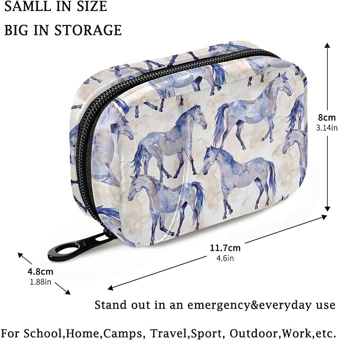 Fustylead Watercolor Hand Draw Beautiful Horses Pill Organizer for Purse, Weekly Portable Pill Box with Zipper to Storage Vitamins Fish Oils Medications Supplements