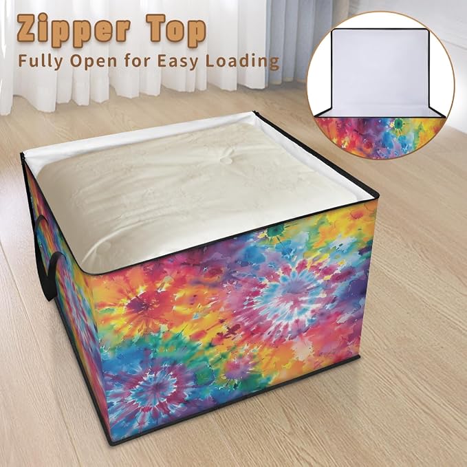 Tie Dye Large Storage Bags, Fabric Bed Storage Containers, Foldable Closet Organizers for Blanket, Clothing, Comforter, Bedding, Colorful