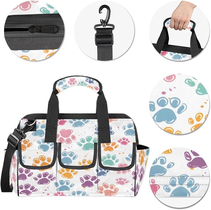 Cat Dog Paw Print Tool Bags for Men Women Multi-Pockets Wide Mouth Tool Organizer Storage Tote Bag Waterproof Stroage Bags with Adjustabe Shoulder Straper for Car Electrician Garden