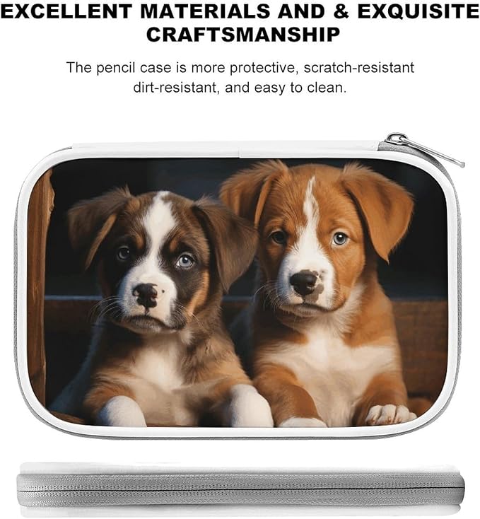 Puppies Dogs Pets Animals Multi-Functional PU Pen Case, Waterproof Zipper Stationery Organizer, Portable Storage Pouch for Office Supplies Cosmetics Travel Accessories And Daily Use