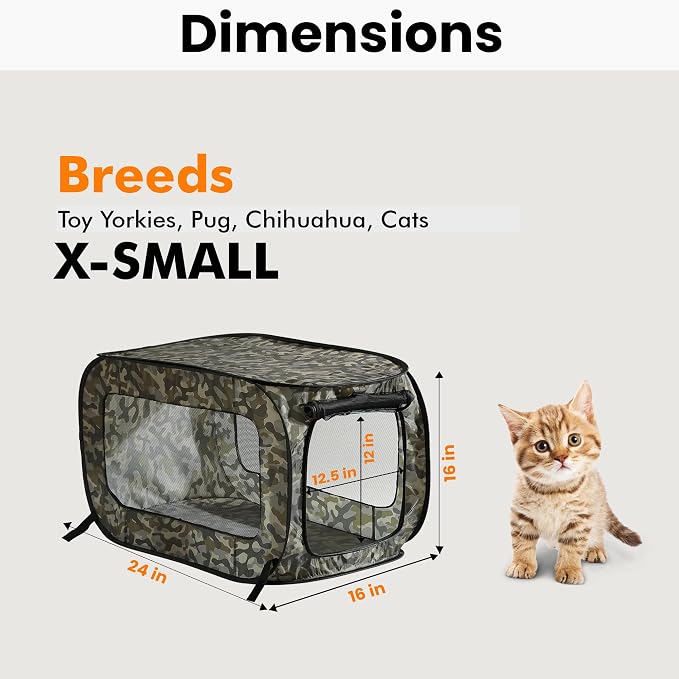 Portable Collapsible Pop Up Kennel, 24" L x 16.6" W x 16" H, Camo Green | Collapsible indoor/outdoor travel cat and dog crate with mesh screen windows pops up and folds flat for easy storage