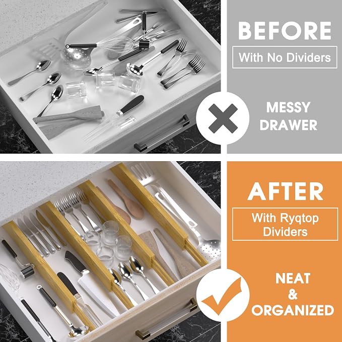 Bamboo Drawer Dividers, Adjustable Drawer Organizers, Fits 12.6–16" Drawers | 2.5" High, 4 Pack Expandable Drawer Separators for Kitchen, Nursery, Dressers & Office Storage, Natural