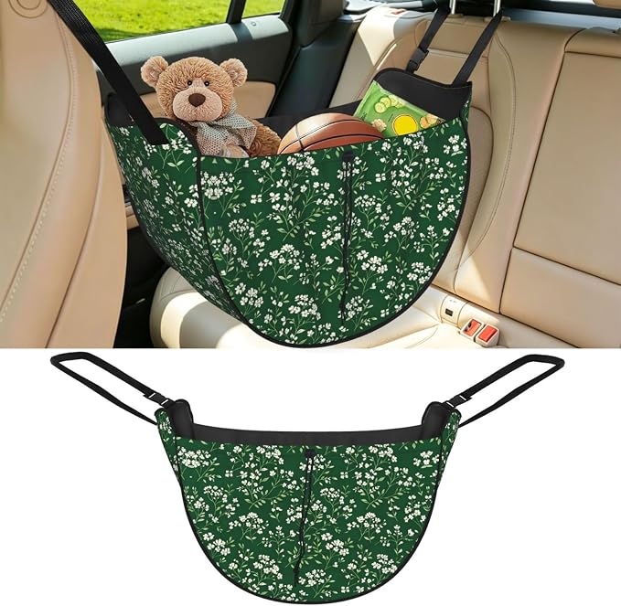 Dark Green Floral Car Seat Organizer-Backseat Storage Bag for Travel | Waterproof Durable. Holds Snacks Gear Essentials. Fits Most Cars.