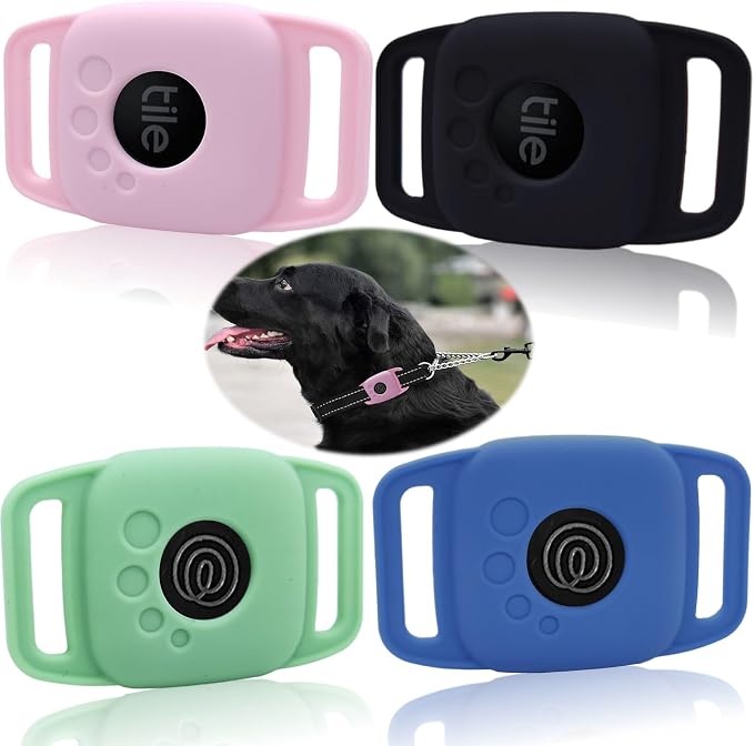 Silicone Case for Tile Mate 2024,Mate 2022 for Dog Collar, Protective Cover Sleeve for tilemate Finder for cat pet Necklace Dropper, Secure tag Holder for Bag (Black,Green,Pink,Blue,4Pack) | silm protective cover sleeve for tilemate finder for cat belt...