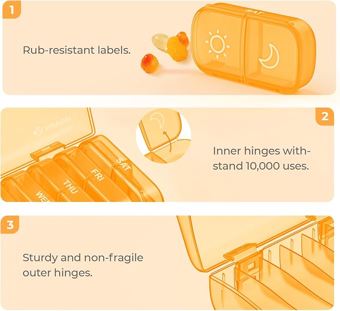 AUVON Weekly Pill Organizer 2 Times a Day, One-Side Large Opening, Easy‑Use | XL AM PM Pill Case, Travel Pill Box 7 Day, Medication Organizer for Medications, Vitamins, Fish Oils, Supplements, Orange