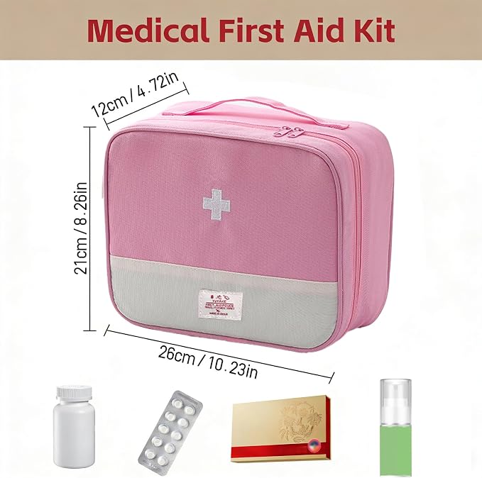 Empty First Aid Bag, Medicine Storage Bag, Portable Medicine Bag Organizer for Home Outdoor Camping Hiking Travel (Pink)