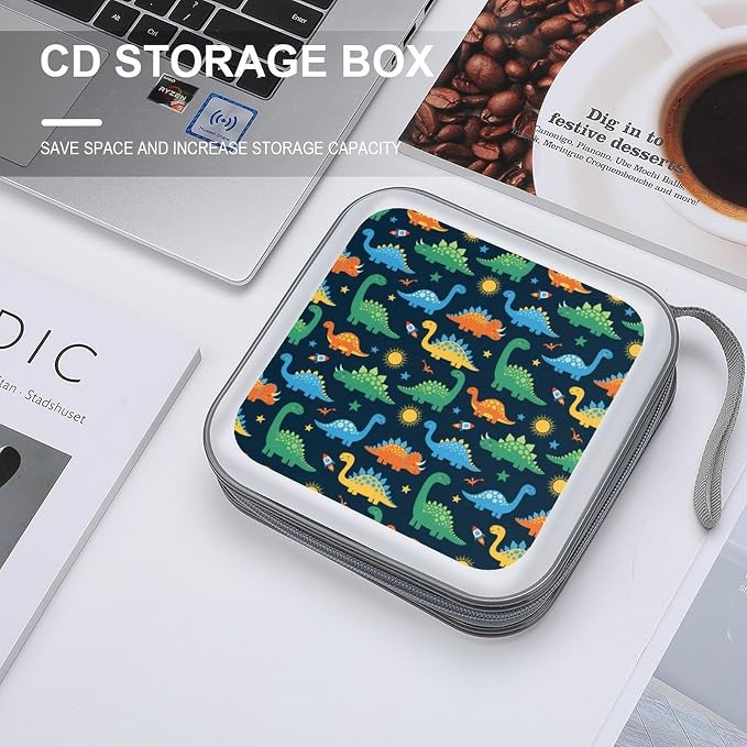 Hard Shell DVD Storage Binder Dinosaurs, Holds 40 Discs, Portable Wallet with Carry Handle, Organizer for Car Home Office