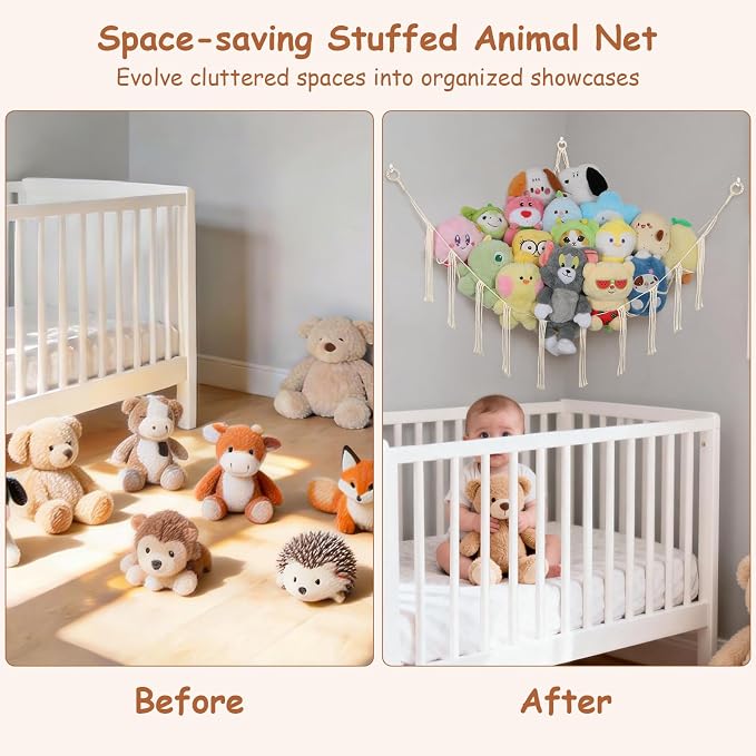 Stuffed Animal Storage Hammock Corner,55 Inch Large No Drill Toy Net,Cream | Handcrafted Natural Cotton Plushie Net,Boho Macrame Toy Hammock,Stuffed Animals Storage Display Organizer,Nursery Room Decor