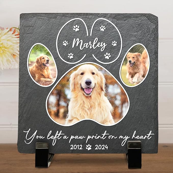 Wrappiness Pet Memorial Stone - You Left A Paw Print On My Heart, Personalized Dog Memorial Gifts, Remembrance Condolence Bereavement Gifts for Loss of Pet Custom Photo (Square 03, Stone with Stand)