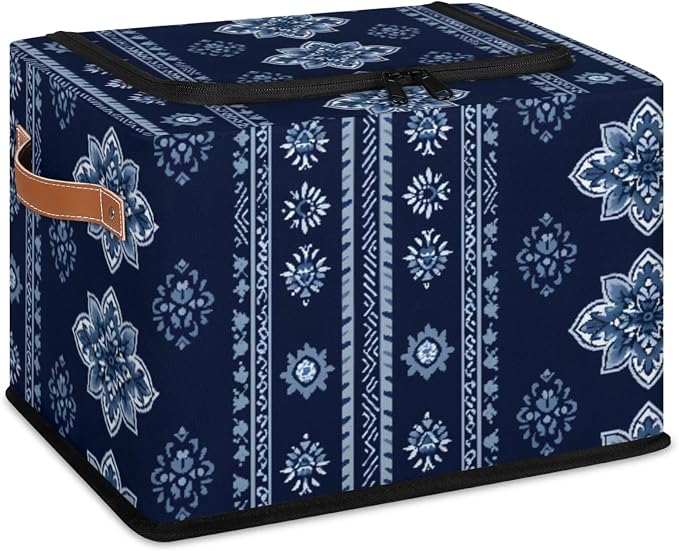 Storage Bins With Zipper Lid, Collapsible Trunk Organizer, Car Organizers and Storage Bins with Lids, Decorative Storage Boxes with Handle, Home Storage Baskets (Tribal-floral Vintage Blue)