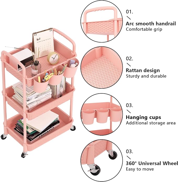 MOYIPIN 3-Tier Plastic Rolling Utility Cart with Handle,Pink | Utility Storage Cart for Office, Living Room, Kitchen,Movable Storage Organizer，Easy installation，Rattan-like art design