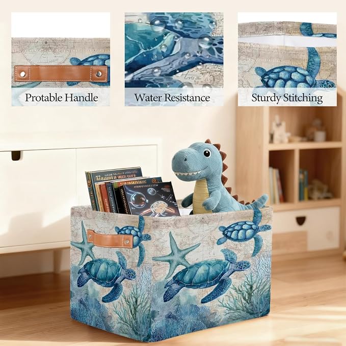 Pardick Storage Baskets Bin, Vintage Turtle Ocean Collapsible Canvas Fabric Storage Bin Decorative Baskets Toy Organizer Rectangle Storage Boxes with handles for Home Shelves Nursery,Q-6