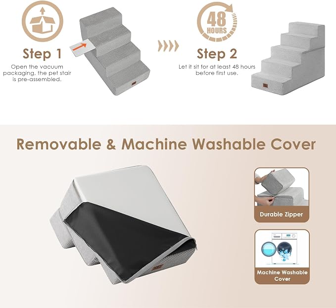 EHEYCIGA Dog Stairs for High Bed 22.5" H, 5-Step Dog Steps, Light Grey | Pet Steps for Small Dogs and Cats for Bed, Non-Slip Balanced Pet Ramp Indoor