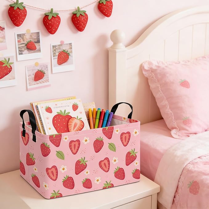 Rectangular Collapsible Storage Basket Toy Organizer Flower Strawberry | Storage Bin Foldable Canvas with Handles for Organizing Home Kitchen Children Toys Office Closet Shelf Baskets