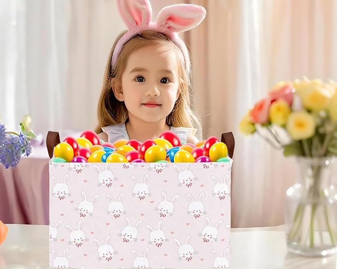 Large Rectangular Easter Baskets Empty Waterproof Boy Toy Box Foldable Kid's Gifts Storage Bin Spring Room Decor(Pink Love Rabbit Head)