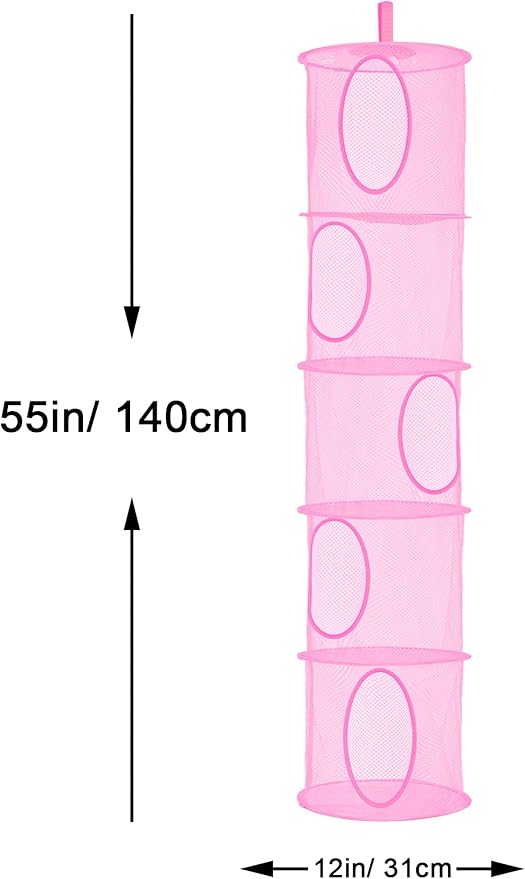 2Pcs Hanging Stuffed Animal Storage Hammock Net 5 Tiers, Pink | Hanging Mesh Storage Organizer for Kids Room, Holds Plushies, Gloves, Hats, Socks, Foldable Space-saving Design