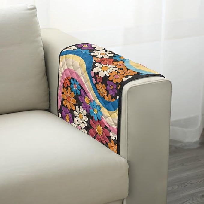 Hippie Floral Sofa Armrest Covers Non-Slip Arm Rest Covers Washable Couch Arm Cover with Organizer Pockets Dustproof Furniture Protector for Living Room Decoration