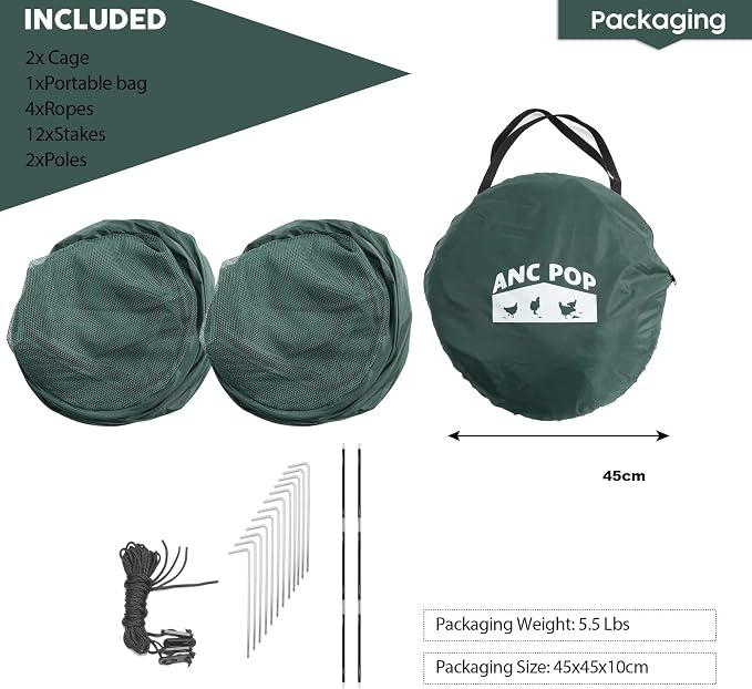 ANC POP 2Pcs Portable Chicken Run, Pop Up Chicken Tent for Small Animals Outdoor Gardening Net with 3 Doors and Handbag, Easy to Install and Storage, Green (80 x 40 x45)