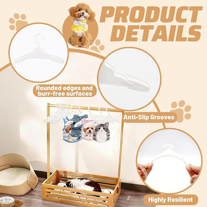 50 Pack Dog Clothes Hangers 7 Inch Non-Slip Pet Clothes Hangers Plastic | Dog Clothing Hangers for Organizing Apparels Puppy Drying Racks for Small Pet Cat Dolls, White