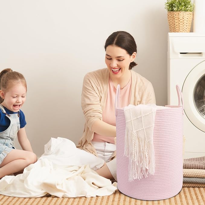 Woven Cotton Rope Laundry Basket, 15" x 20" Laundry Hamper, Pink | Rope storage basket for dirty clothes, toys and blankets. Perfect for bathroom, baby nursery and living room storage.