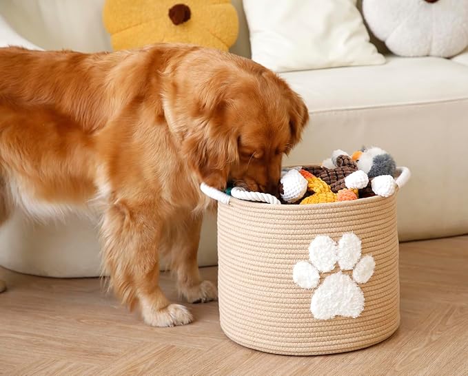 Cotton Rope Doy Toy Basket Woven Pet Storage Bin With Fluffy Paw Print, Large Pet Toy Organizer, Yellow Chew Proof Dog Toy Box for Dog Accessories, Blankets, Leashes