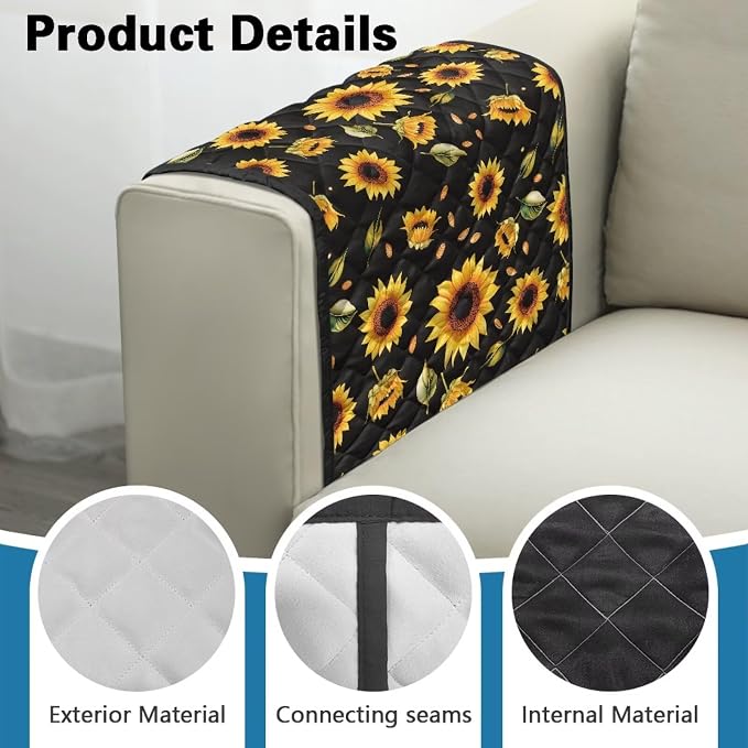 Sunflower Stretch Couch Arm Covers with Two Pockets Breathable Armrest Covers Chairs Arm Cover Easy to Clean, Scratch-Resistant Sofa Arm Protector Home Furniture Decor Cover