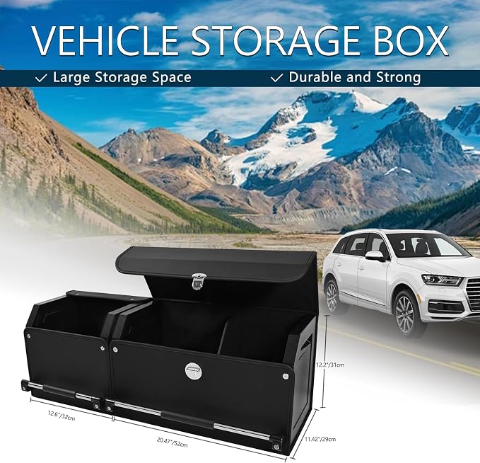 Leather Car Trunk Organizer SUV Trunk Organizer Car Trunk Storage Organizer | Large Trunk Organizer with Lid and Sturdy Handle Car Cargo Storage Box (Black, 33 x 11.4 x 12.2in)