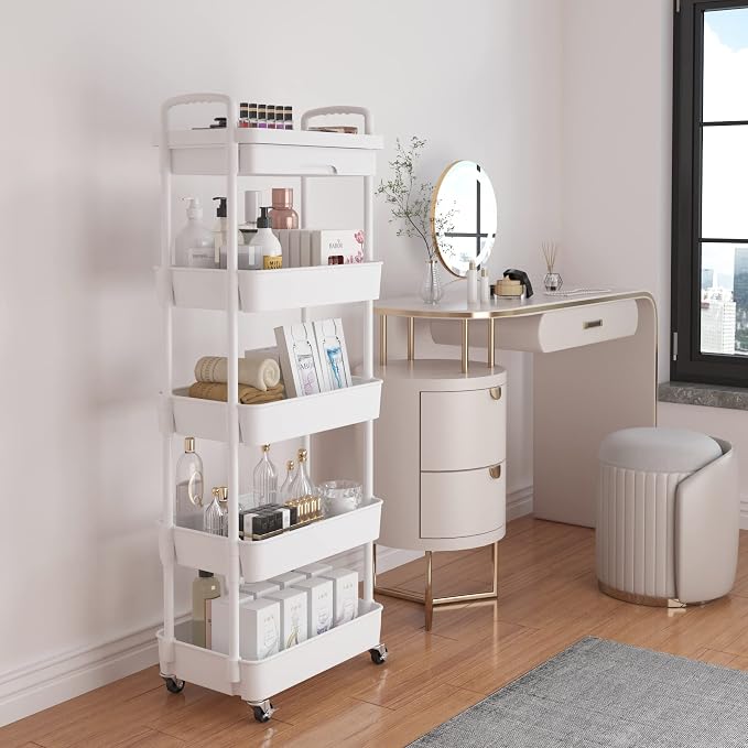 Calmootey 5-Tier Utility Cart with Drawer & Wheels, Storage for Home,Office | Space-Saving Organizer, Sturdy Plastic Shelves, Smooth-Rolling Metal Wheels, Built-in Drawer for Small Items, White