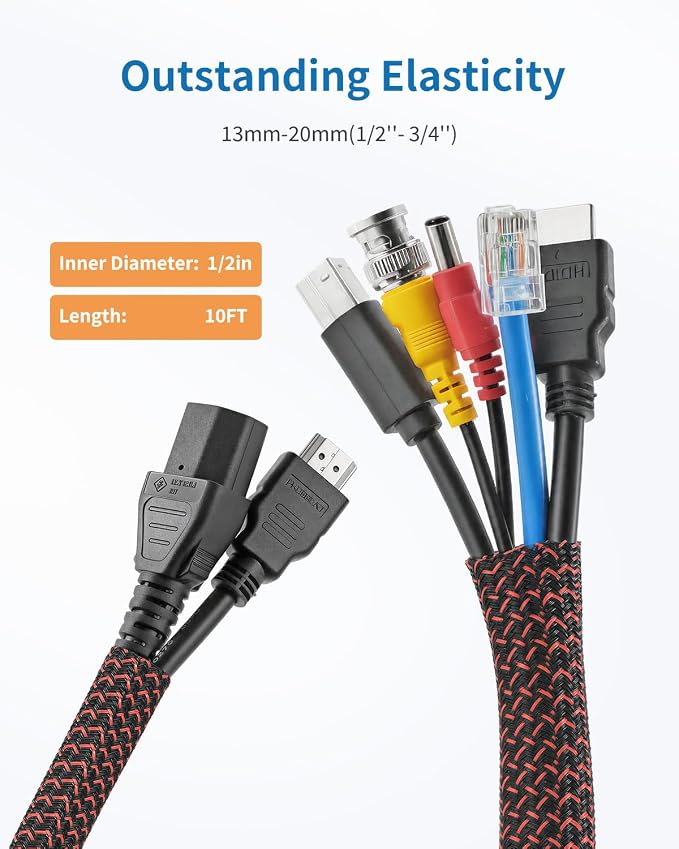 Yecaye 10ft - 1/2 inch Cord Protectors from Pets no Chew, BlackRed | Split Cable Management Sleeves, Wire Loom Tubing for TV USB Cord Protector, Cord Covers for Pets Bite-Resistant