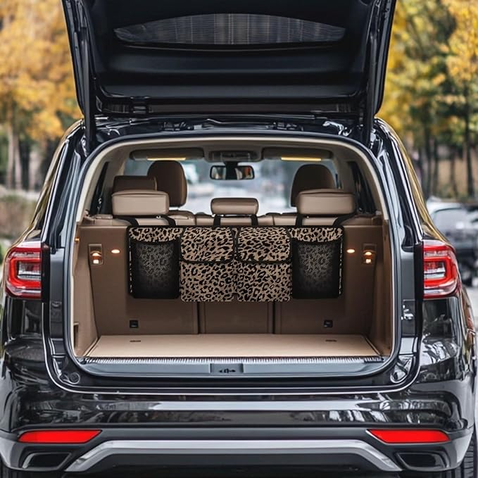 Dreaweet Brown Leopard Print Trunk Organizer for Car Women Backseat Hanging Organizer with 4 Pockets Cheetah Print Car Accessories Interior Foldable Car Seat Storage Bag for Cars SUV Trucks Sedan