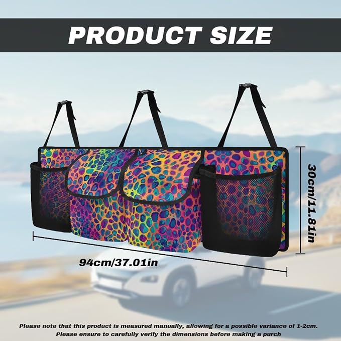 Dreaweet Rainbow Leopard Print Trunk Organizer for Car Women Collapsible Car Trunk Storage Organizer with 4 Pockets Backseat Hanging Organizer for SUV Truck Minivan Auto Accessories Interior