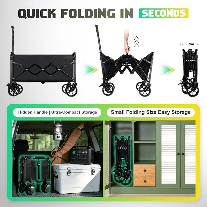 360LBS Collapsible Wagon Cart Foldable Heavy Duty, Shopping Cart with Brake | Folding Wagon with 360°Swivel Wheels, Portable Utility Cart with 2 Cup Holders, Grocery/Beach/Camping/Garden/Sports