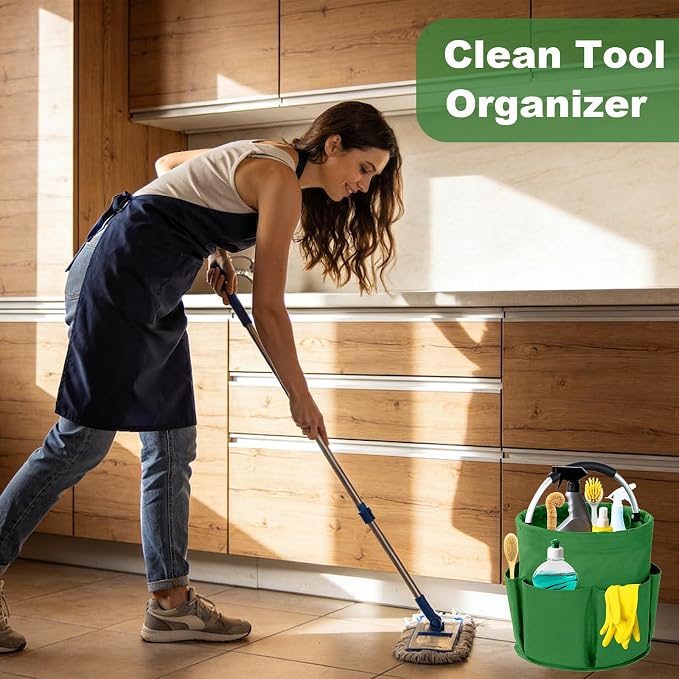 Cleaning Caddy with Handle, 17L Foldable Cleaning Supplies Organizer, Portable Storage Basket, Cleaning Supply Caddy, Multifunctional Cleaning Bucket Bag for Garden, Home, Kitchen (Green)