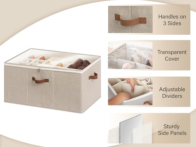 StorageWorks 24-Pair Large Shoe Storage Closet, Adjustable Dividers, Taupe | Holds up to 24 Pairs, Foldable, Clear Lid, Reinforced Handles, Fits Sneakers, Boots & Heels, For Mudroom, Living Room