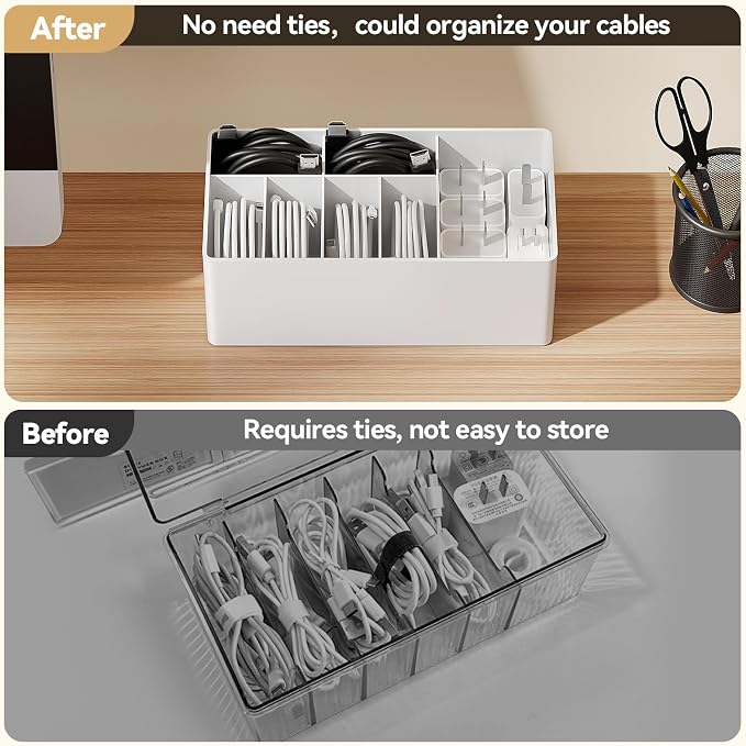 Charger Cable Cord Storage Organizer Easy storage without ties charger cable organizer Cable Management Boxes - 1 Pack （white）